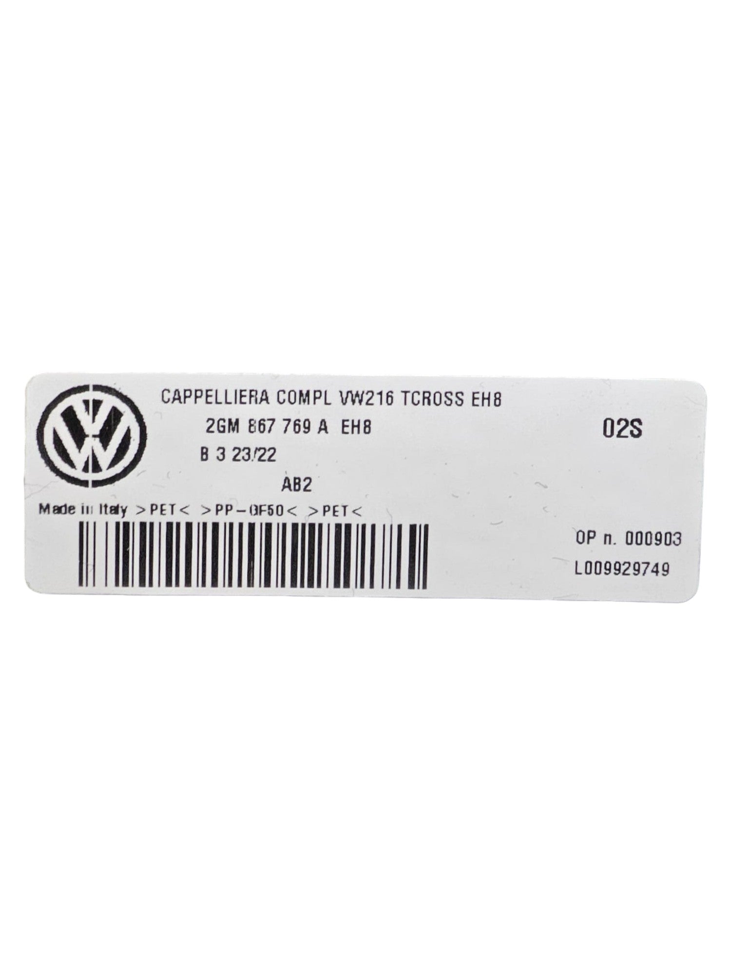 Cappelliera / Ripiano Bagagliaio Volkswagen T - Cross Cod:2GM867769AEH8 (2019 - >) - F&P CRASH SRLS - Ricambi Usati